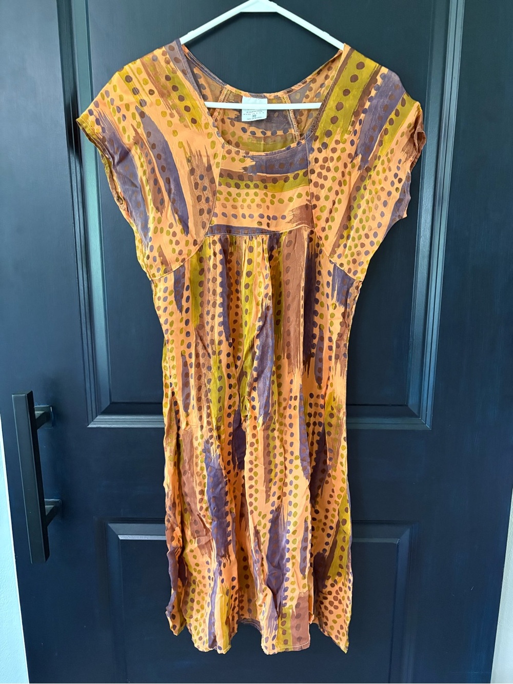 Vtg Colors Me Cotton Boho Abstract Print Tunic Dress XS Orange Brown Green